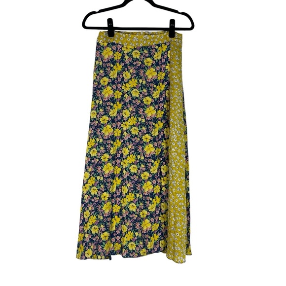 NEW Melloday Faux Wrap Mixed Floral Print Maxi Skirt Small Yellow Blue Tie Back - Picture 1 of 10